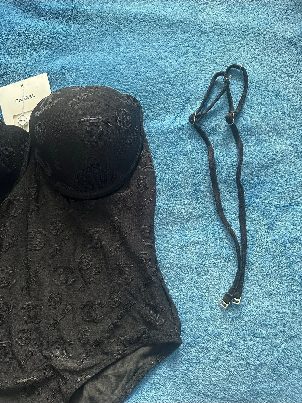 CHANEL Black Logo-Textured Strapless Swimsuit/Bodysuit